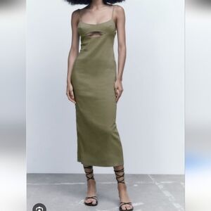 Zara Olive Midi Dress Small Cutout Slit Feminine Sexy